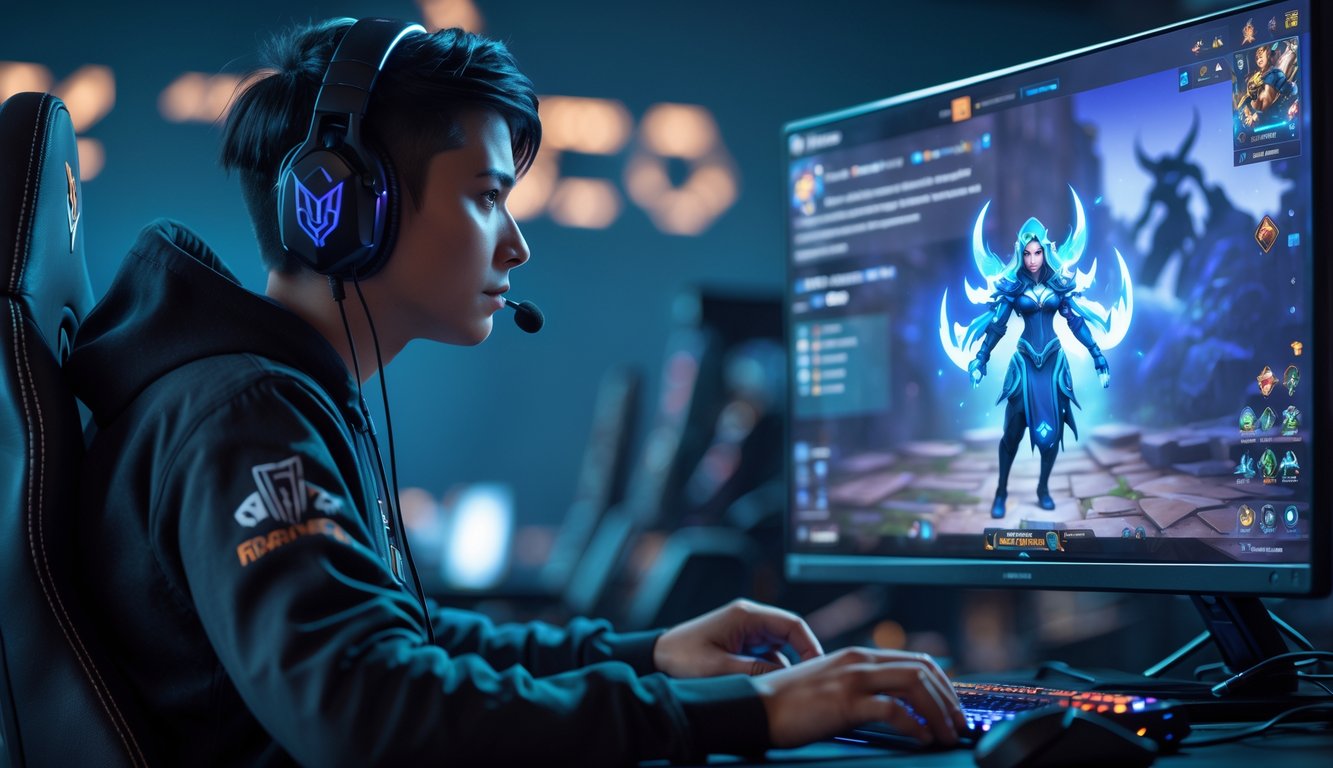 Seorang pemain game fokus bermain hero mage di depan layar komputer dengan pemandangan permainan MOBA di layar.