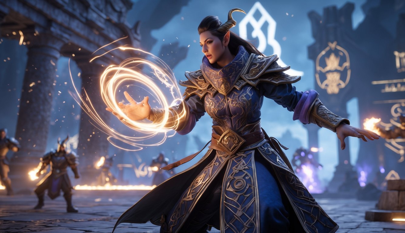 Seorang pahlawan mage menggunakan sihir kuat di medan pertempuran fantasi pada tahap akhir permainan.