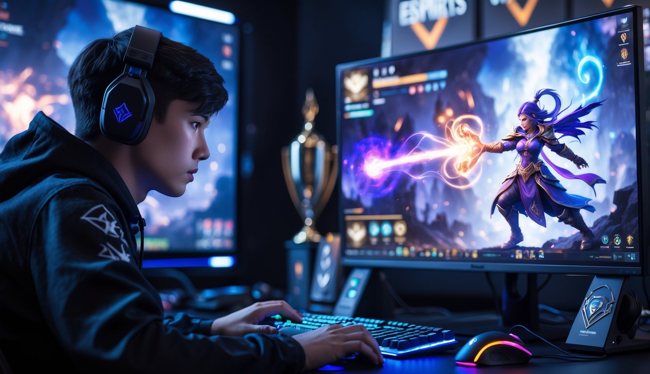 Seorang pemain esports fokus bermain game MOBA dengan karakter hero mage menggunakan sihir dalam pertarungan akhir permainan di depan komputer.