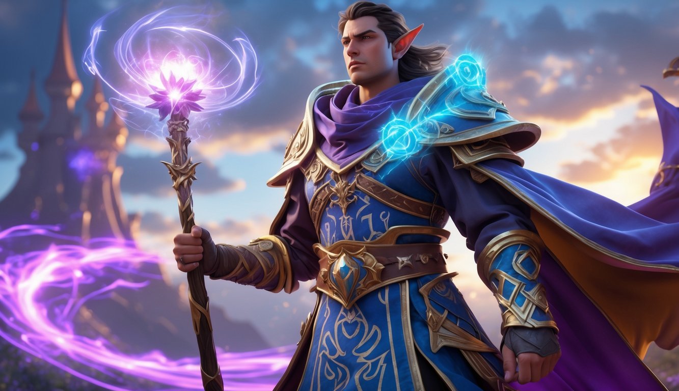 Seorang penyihir pahlawan berdiri dengan percaya diri di medan pertempuran ajaib yang penuh energi magis.