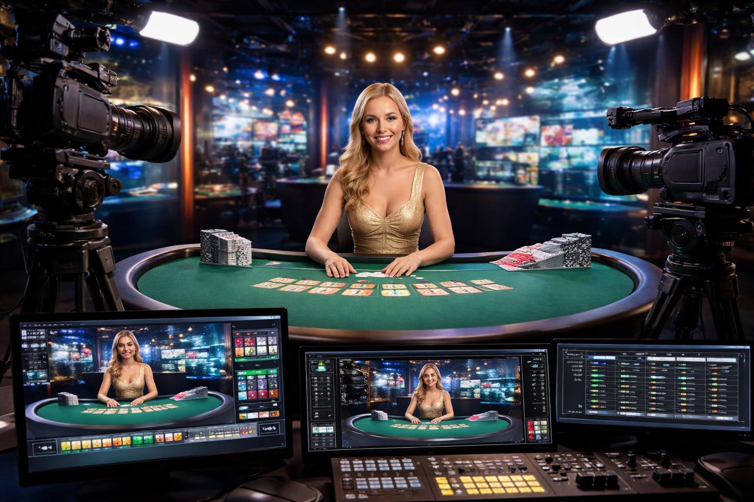 A live dealer at a casino table surrounded by cameras and broadcasting equipment in a modern studio setting.