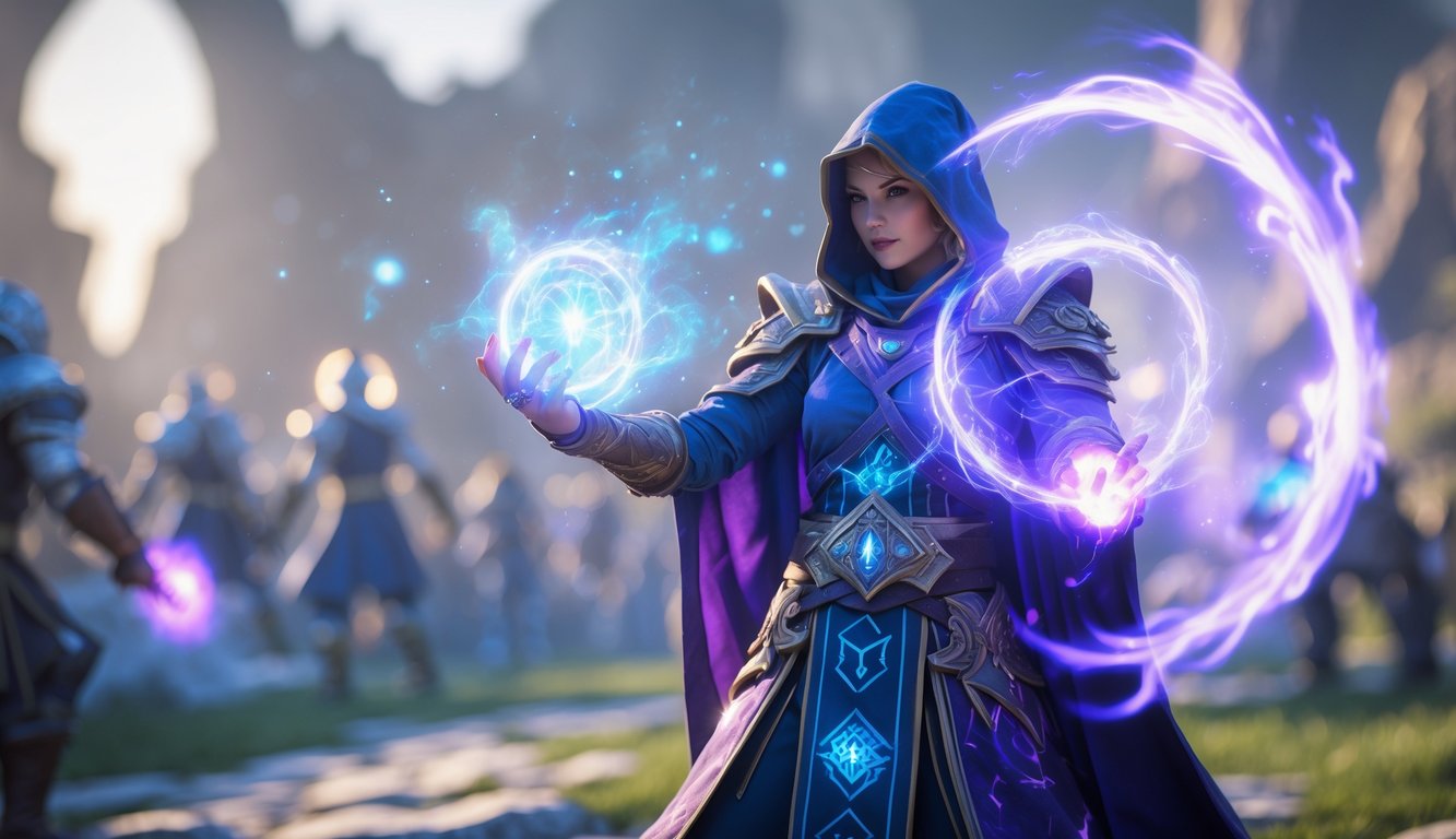 Seorang pahlawan mage berdiri di medan perang, mengeluarkan sihir berwarna biru dan ungu dengan latar belakang siluet karakter lain.