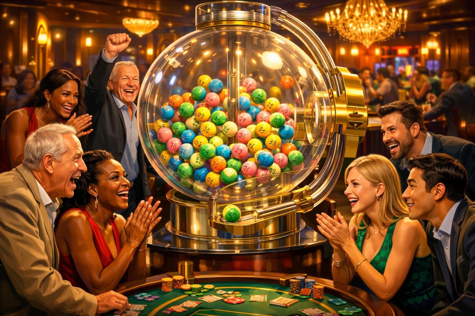 A Lively Casino Scene Showing A Large Lottery Ball Machine With Colorful Numbered Balls And Diverse Players Watching Eagerly.