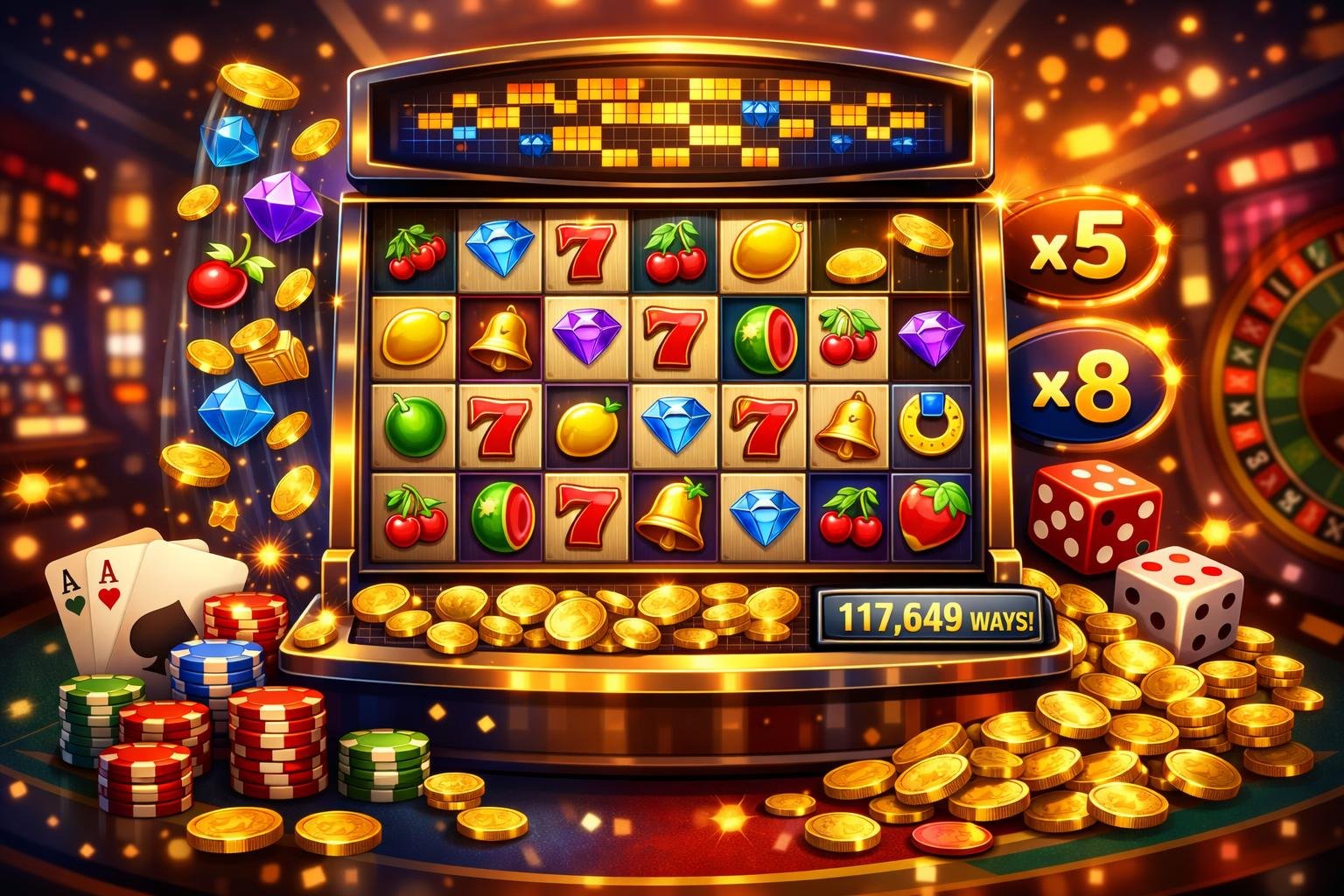 A Detailed Scene Showing A Modern Megaways Slot Machine With Colorful Symbols And Casino Elements Like Poker Chips And Playing Cards Around It.