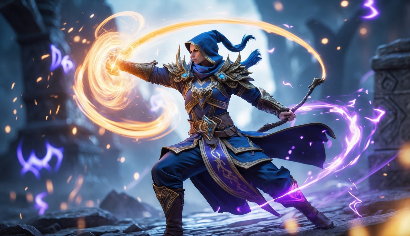 Seorang pahlawan mage sedang melancarkan serangan sihir kuat dengan ledakan energi magis di medan pertempuran mistis.