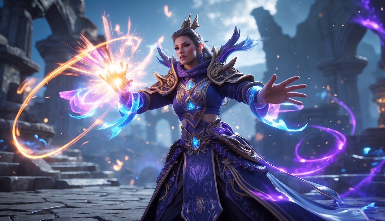 Seorang pahlawan mage sedang mengeluarkan ledakan energi sihir di medan perang fantasi dengan reruntuhan kuno di latar belakang.