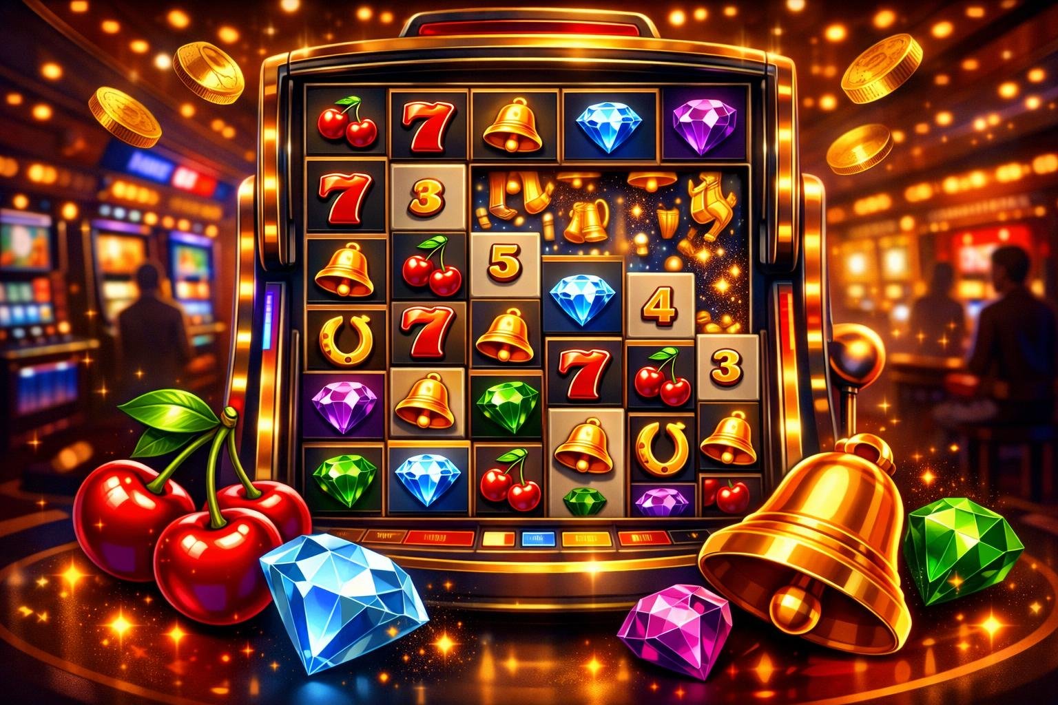 A Casino Scene Showing A Large Slot Machine With Many Reels And Colorful Symbols, Surrounded By A Lively Casino Floor With Players.