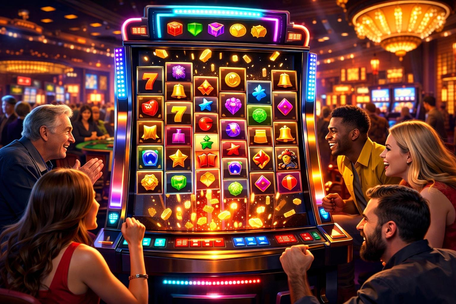 A Casino Scene Showing A Modern Slot Machine With Multiple Reels And Excited Players Around It, With Other Casino Games Visible In The Background.