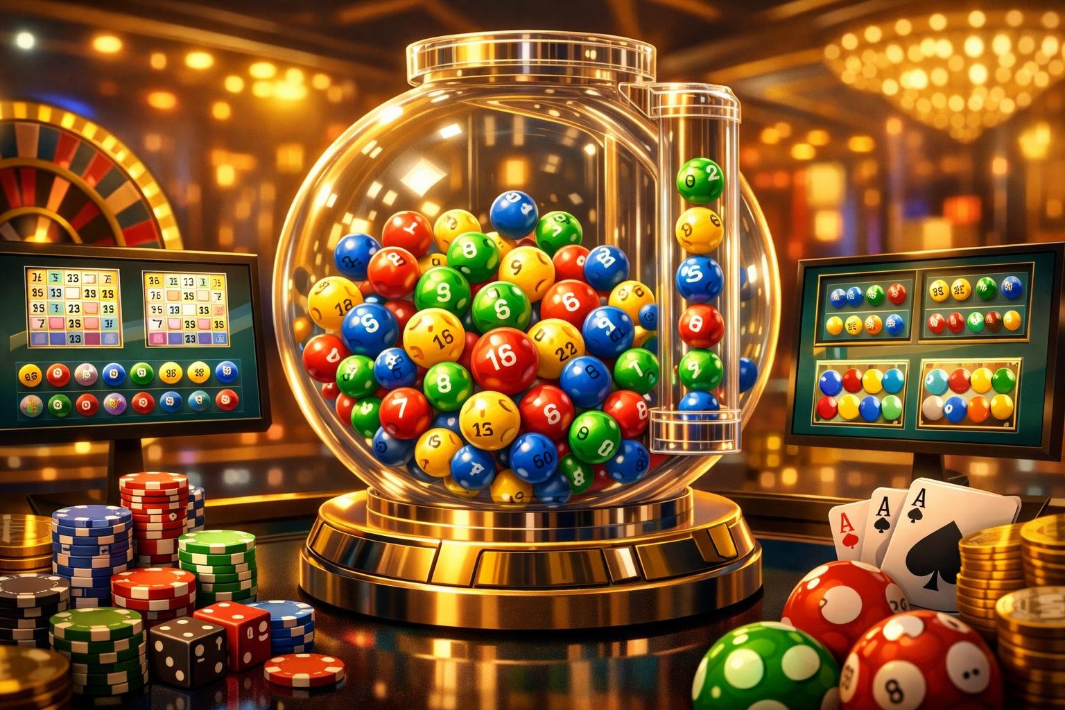 A Casino Scene Showing A Large Lottery Ball Machine Filled With Colorful Numbered Balls, Surrounded By Poker Chips, Playing Cards, And A Roulette Wheel.