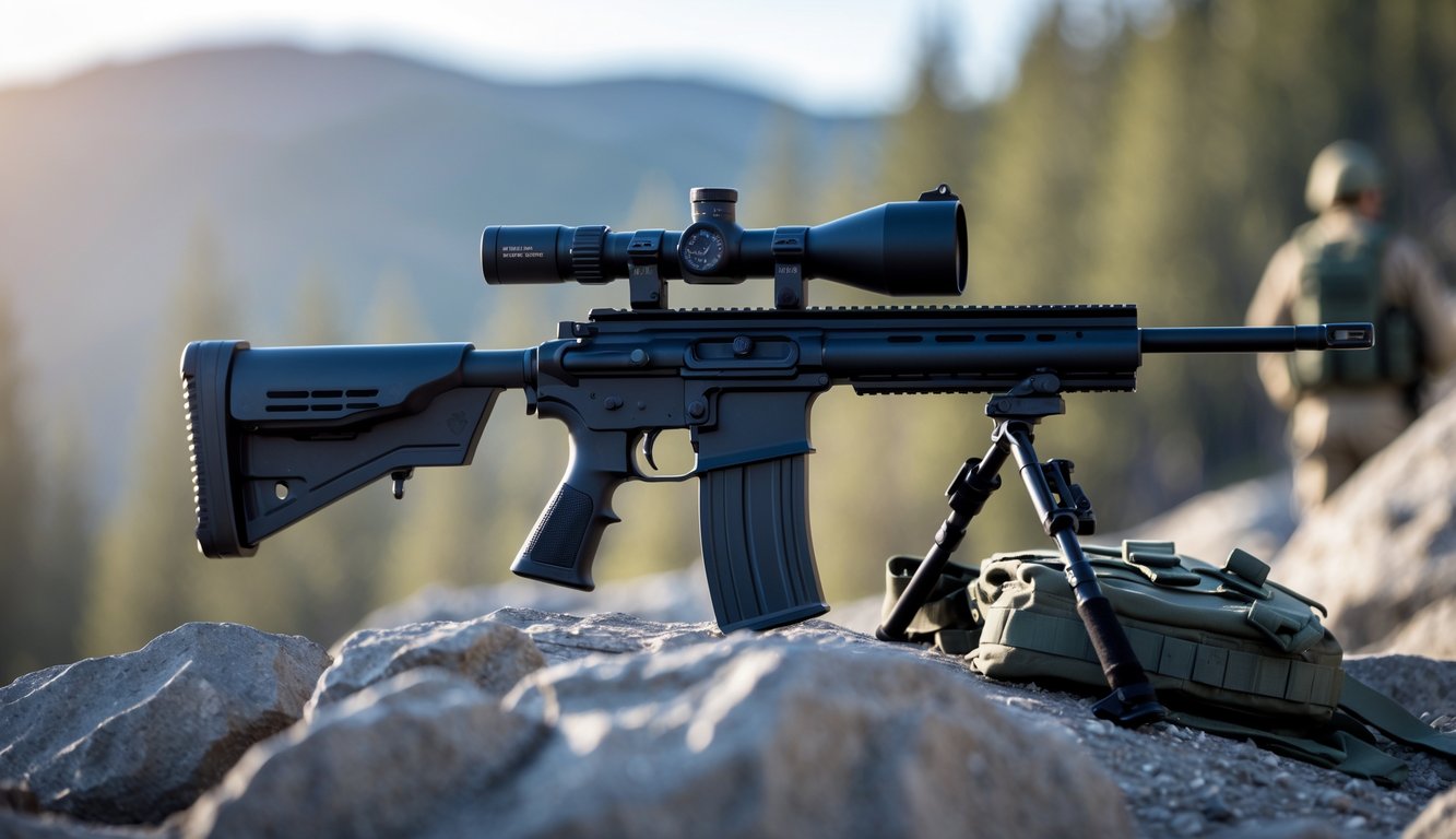 Senapan sniper modern yang dipasang di atas tanah berbatu dengan latar belakang hutan kabur, menunjukkan kesiapan untuk pertempuran jarak jauh.
