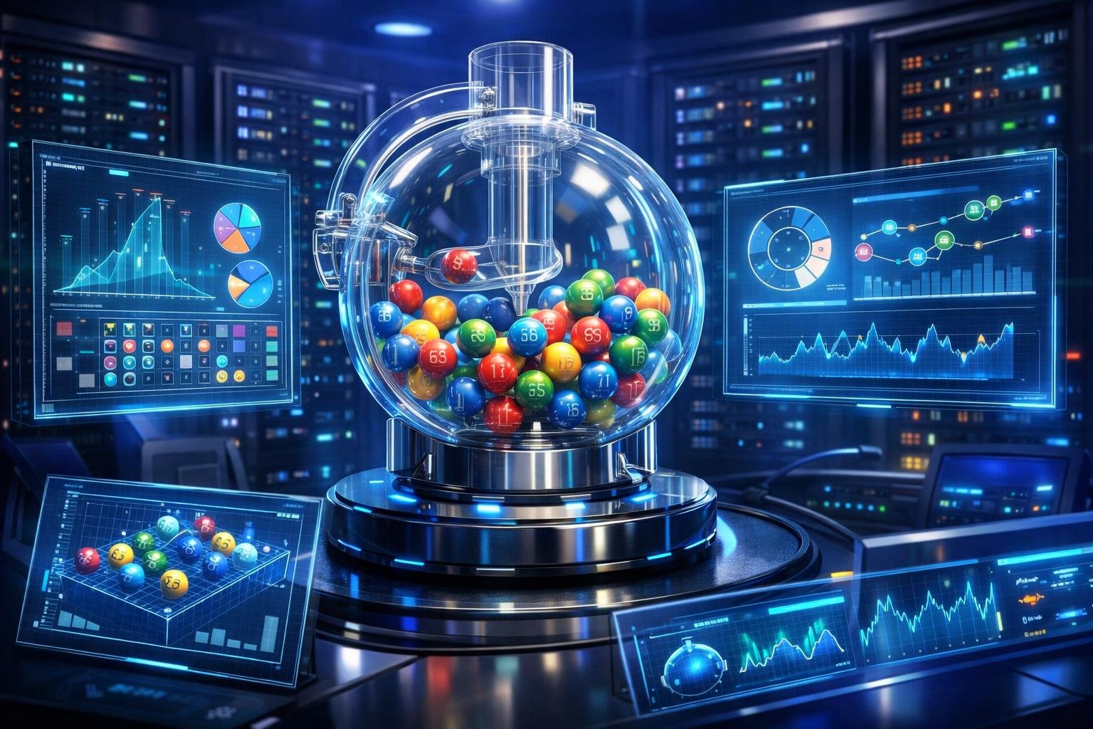 A Futuristic Gaming Setup With A Transparent Lottery Ball Machine, Holographic Data Screens, And Server Racks In A HighTech Control Room.