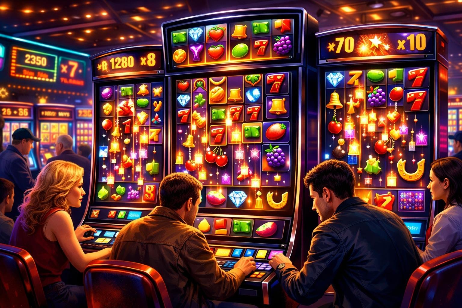 A Casino Floor With Several Slot Machines Showing Colorful Symbols And Players Interacting With Them.