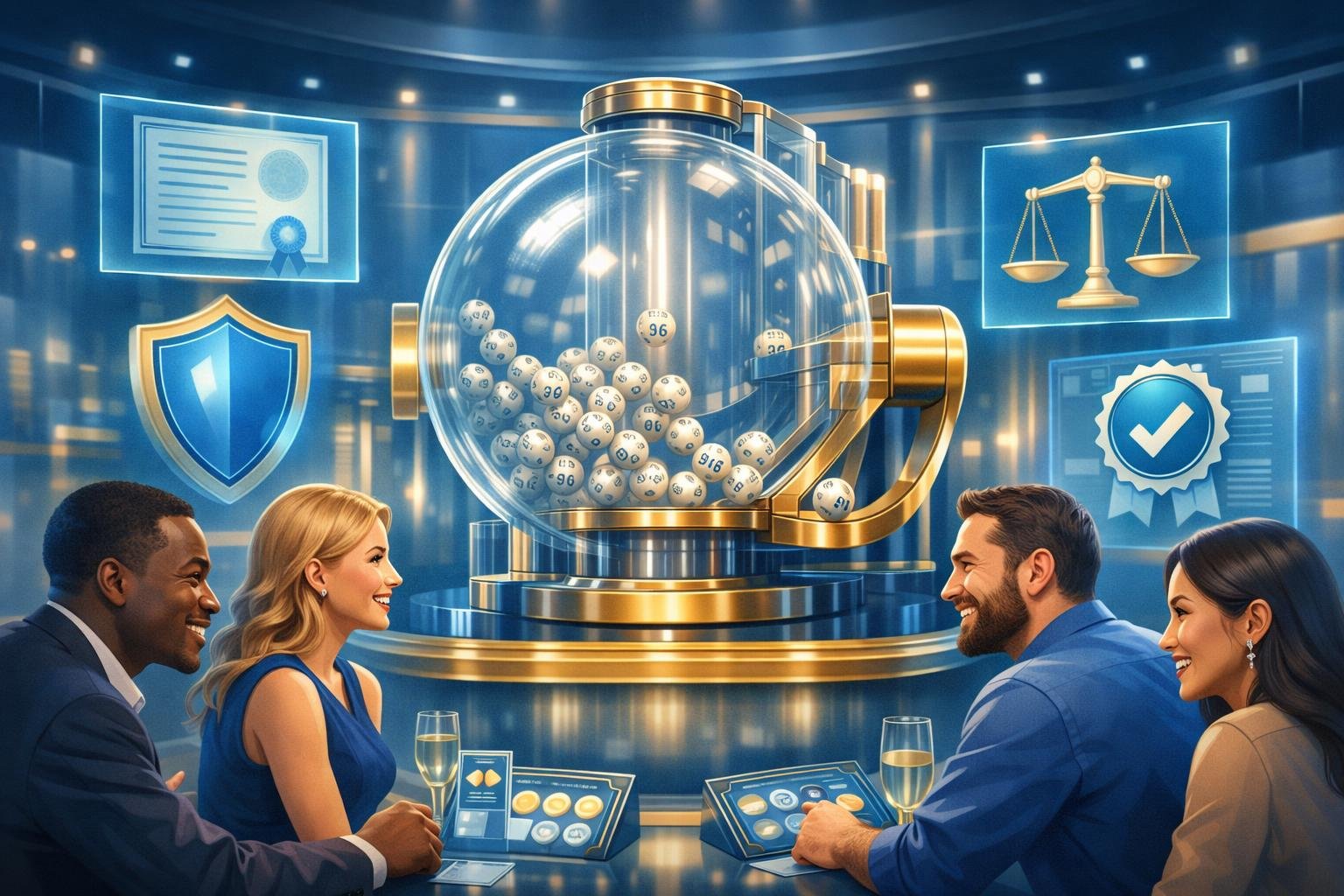 A Casino Scene Showing A Mega Ball Lottery Machine With Diverse Players Around It, Digital Badges Symbolizing Licensing And Fairness, And Icons Representing Security And Trust.
