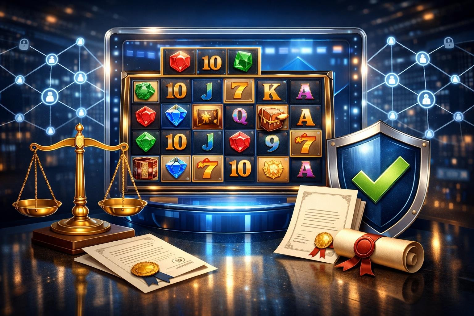 A Casino Scene Showing A Megaways Slot Machine Surrounded By Symbols Of Fairness And Licensing, Including Scales Of Justice, A Shield With A Checkmark, And Official Certificates.