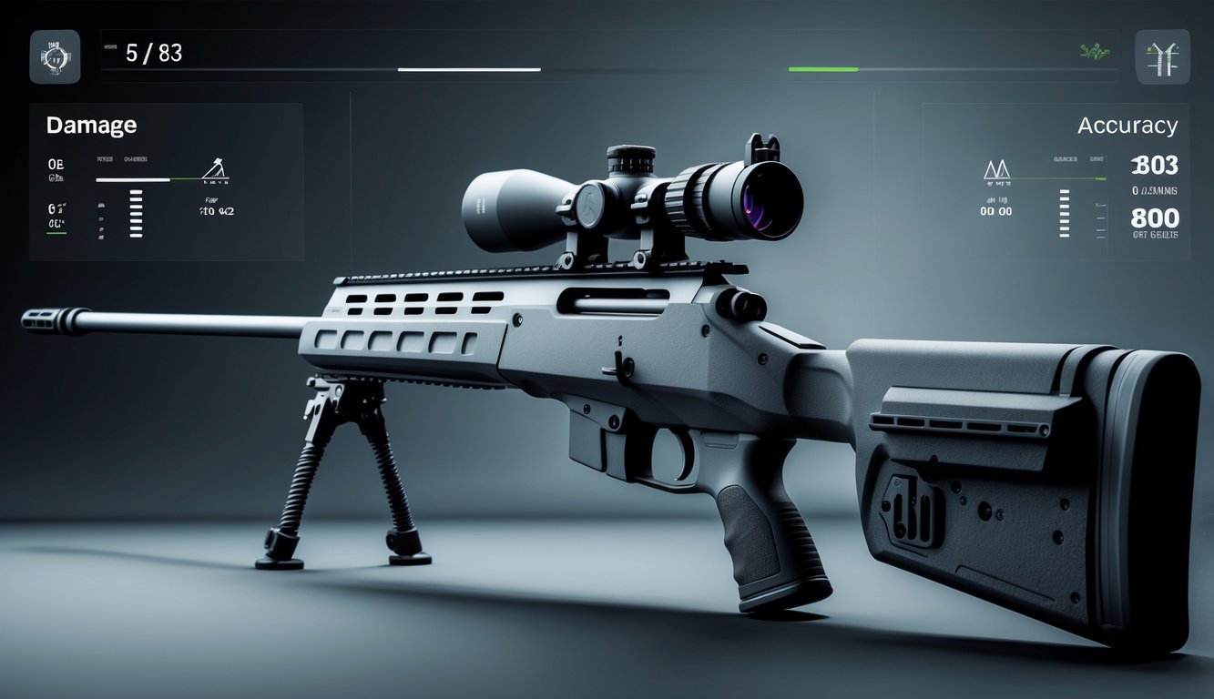 Foto senjata sniper modern dengan latar belakang gelap dan grafik statistik kerusakan dan akurasi di sekitar senjata.