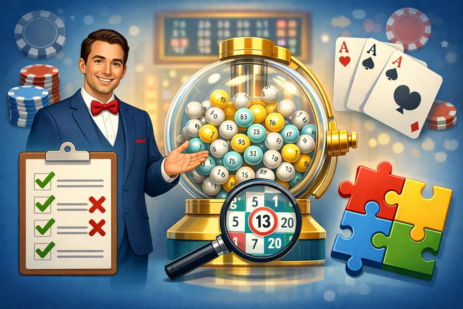 A Casino Expert Stands Next To A Mega Ball Machine With Numbered Balls, Surrounded By Symbols Representing Common Problems And Solutions In The Game.