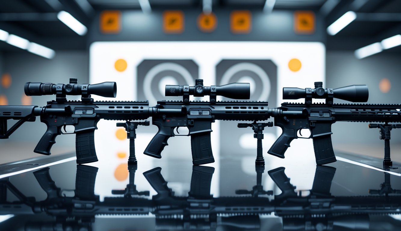 Tiga senjata sniper yang berbeda diletakkan berdampingan di atas permukaan gelap dengan latar belakang lapangan tembak yang samar.
