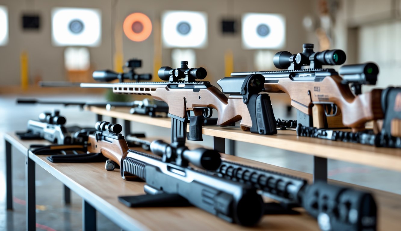 Beberapa senjata sniper yang tersusun rapi di atas meja di dalam ruang latihan menembak.
