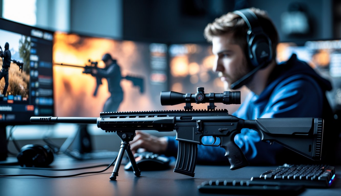 Seorang pemain game fokus di depan layar komputer dengan senapan sniper di meja, menampilkan suasana permainan Point Blank yang penuh aksi.