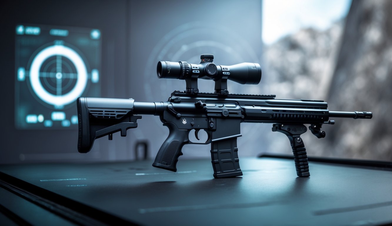 Senapan sniper modern diletakkan di atas permukaan taktis gelap dengan fokus pada laras, scope, dan stabilitas senjata.