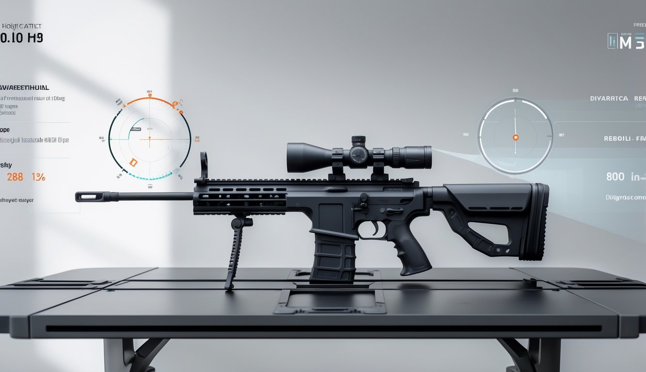 Sebuah senapan sniper modern ditempatkan di atas meja taktis dengan latar belakang netral dan pencahayaan lembut.