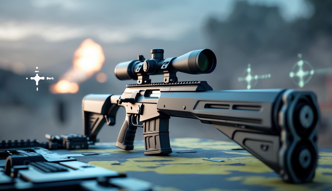 Sebuah senapan sniper modern diletakkan di permukaan taktis dengan latar belakang medan perang kabur dan efek asap.