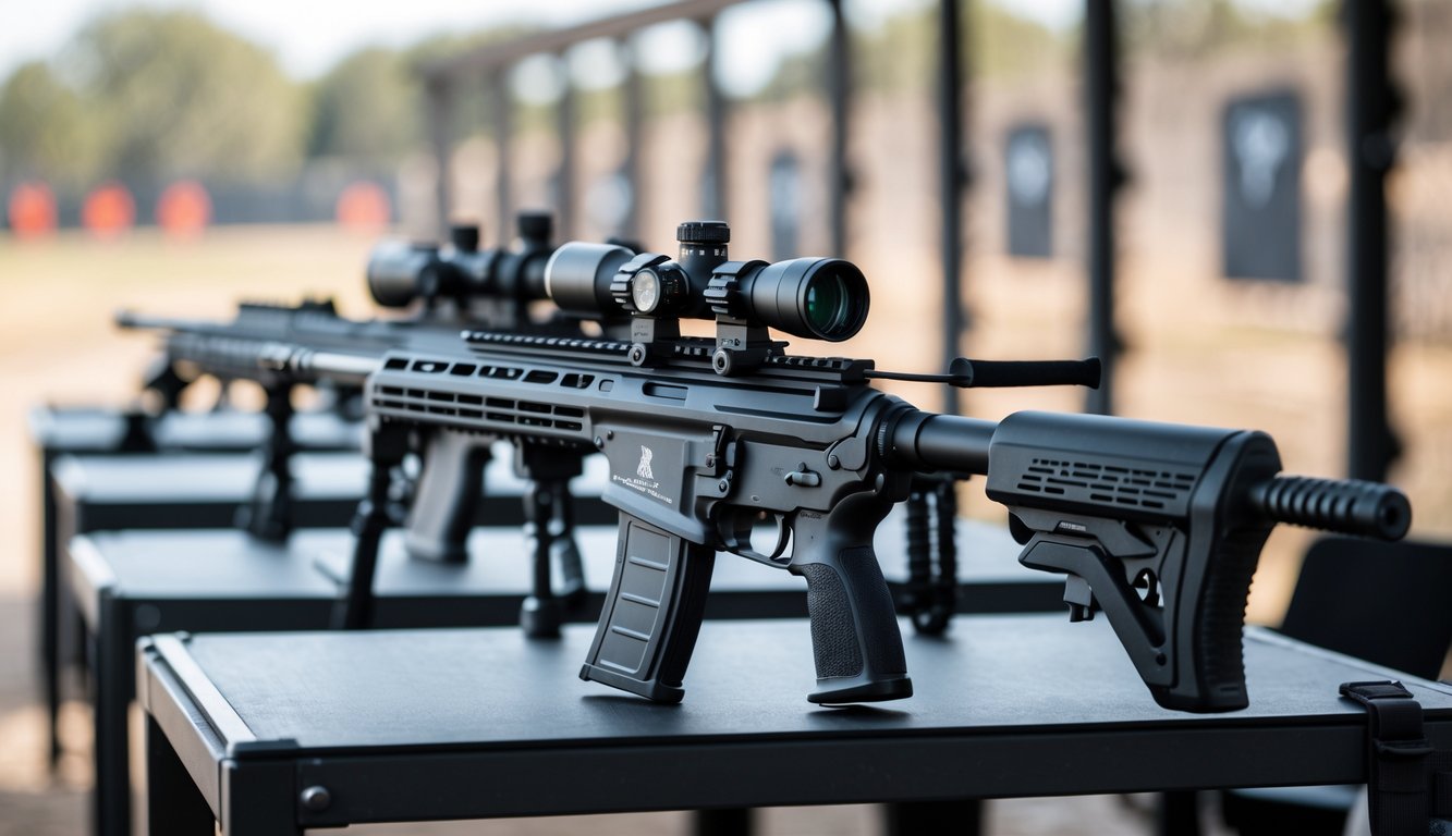 Beberapa senapan sniper modern yang ditempatkan di meja tembak dengan latar belakang lapangan tembak outdoor.