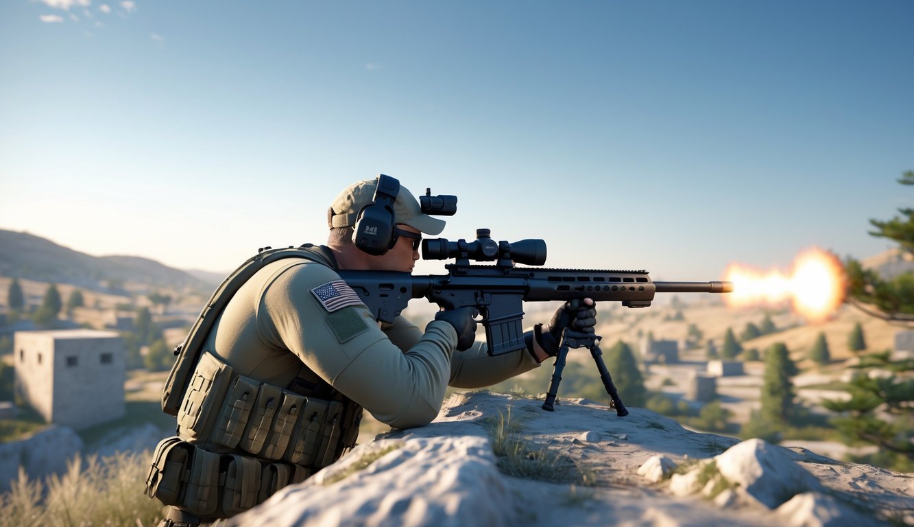 Seorang penembak jitu mengenakan perlengkapan taktis sedang membidik dengan senapan sniper di pemandangan medan luas yang jauh.