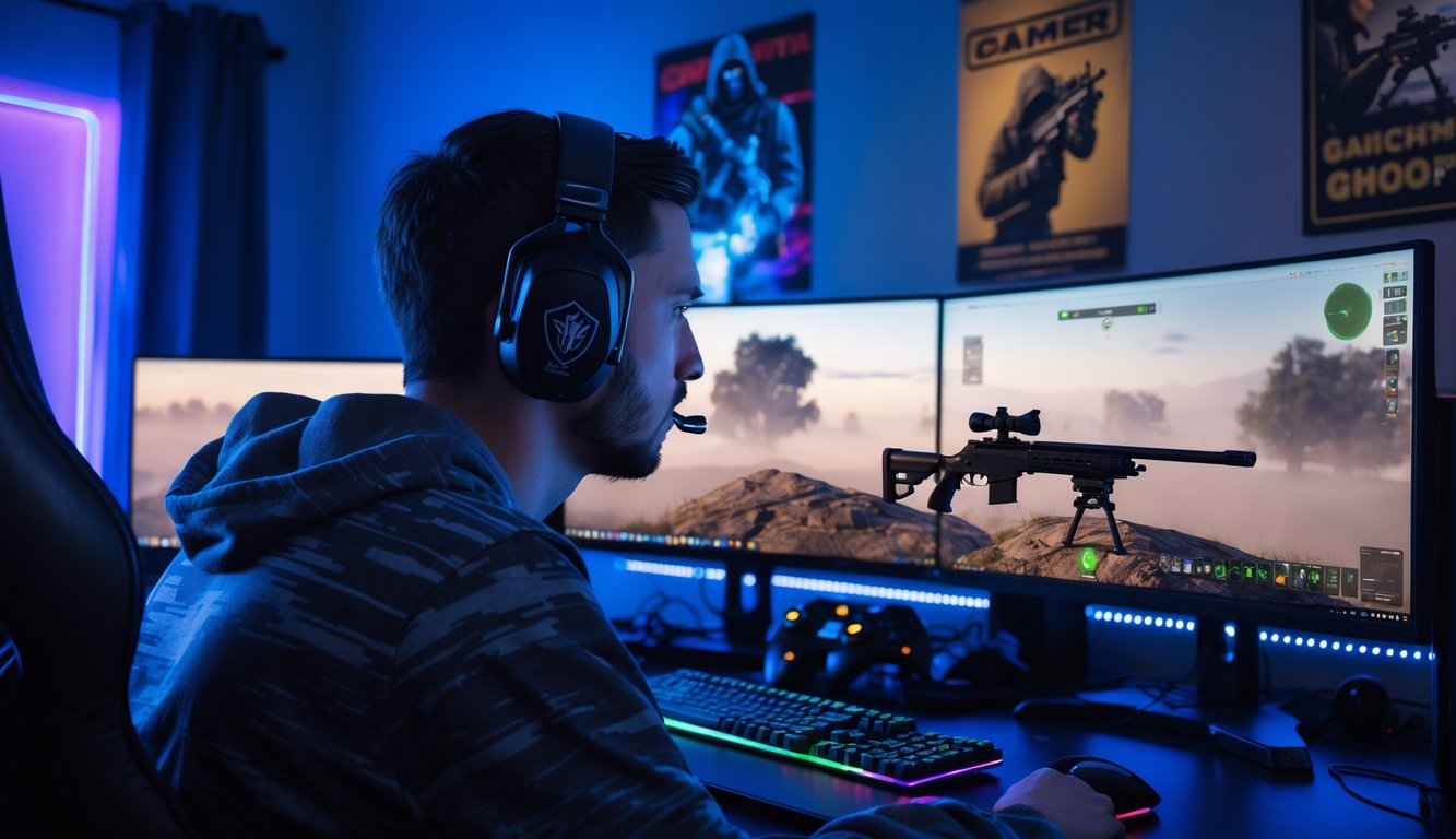 Seorang pemain game pria fokus menatap layar komputer dengan tampilan senjata sniper di permainan tembak-menembak jarak jauh.