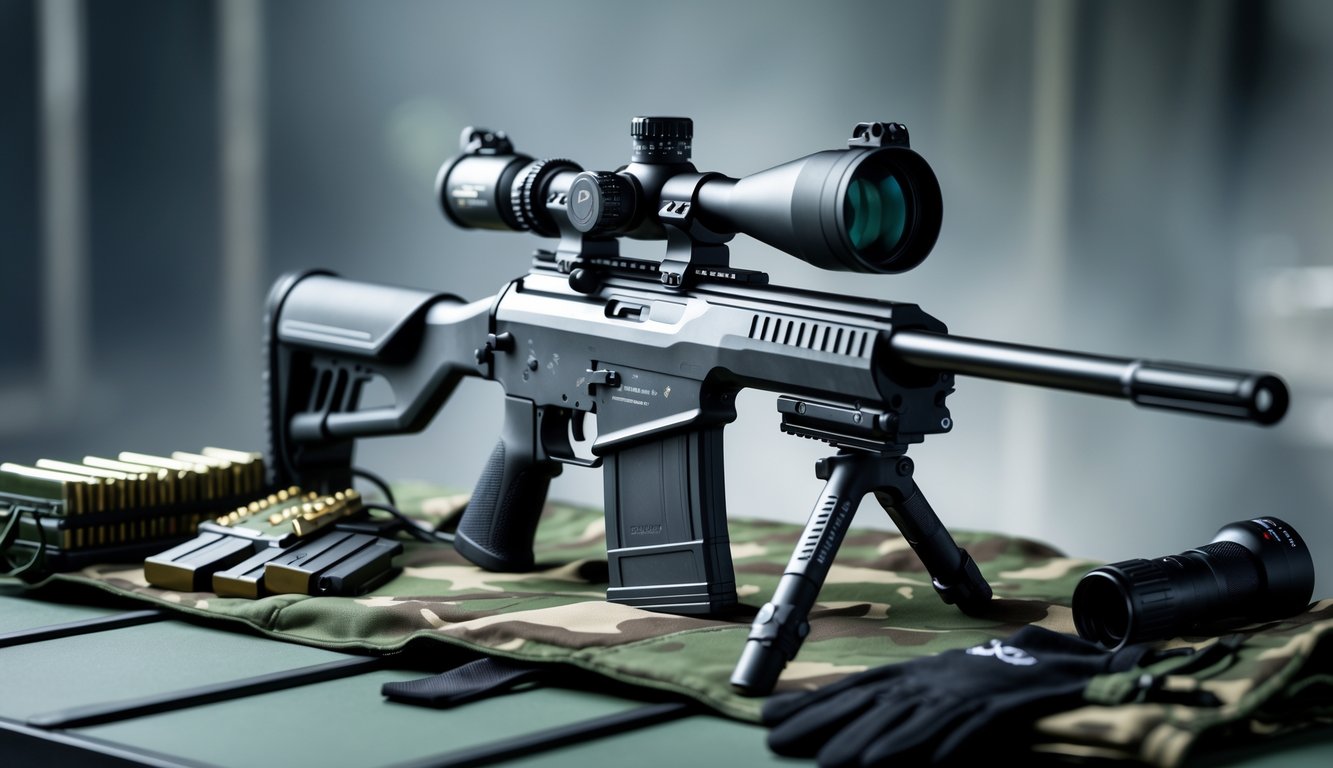 Senjata sniper legendaris dengan perlengkapan militer di atas meja taktis.