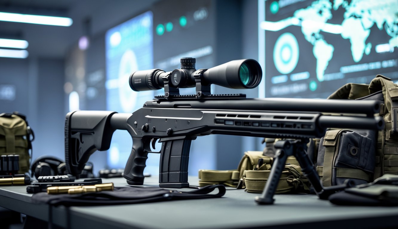 Senapan sniper legendaris diletakkan di atas meja taktis dengan perlengkapan militer di sekitarnya.