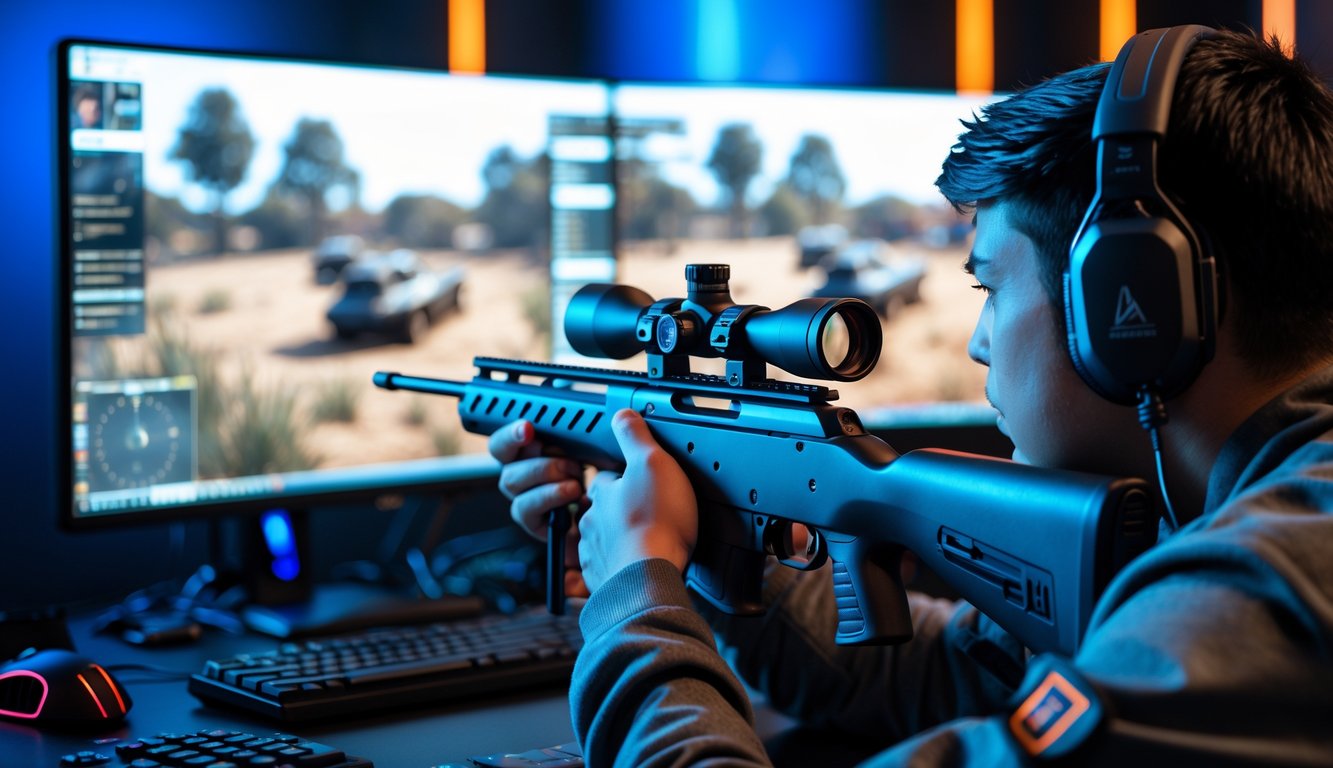 Seorang pemain game fokus menembak menggunakan senjata sniper di layar komputer dalam ruangan bermain game modern.