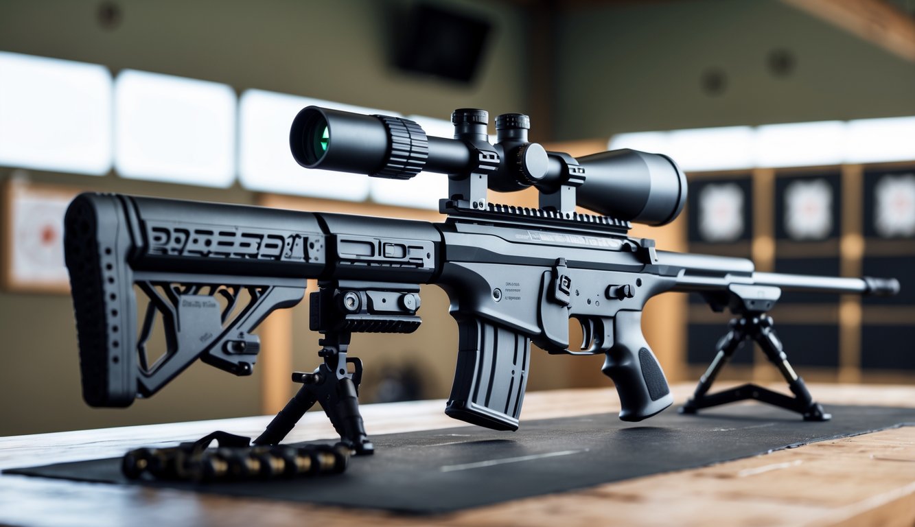 Senjata sniper modern yang diletakkan di meja tembak dengan latar belakang area latihan menembak.