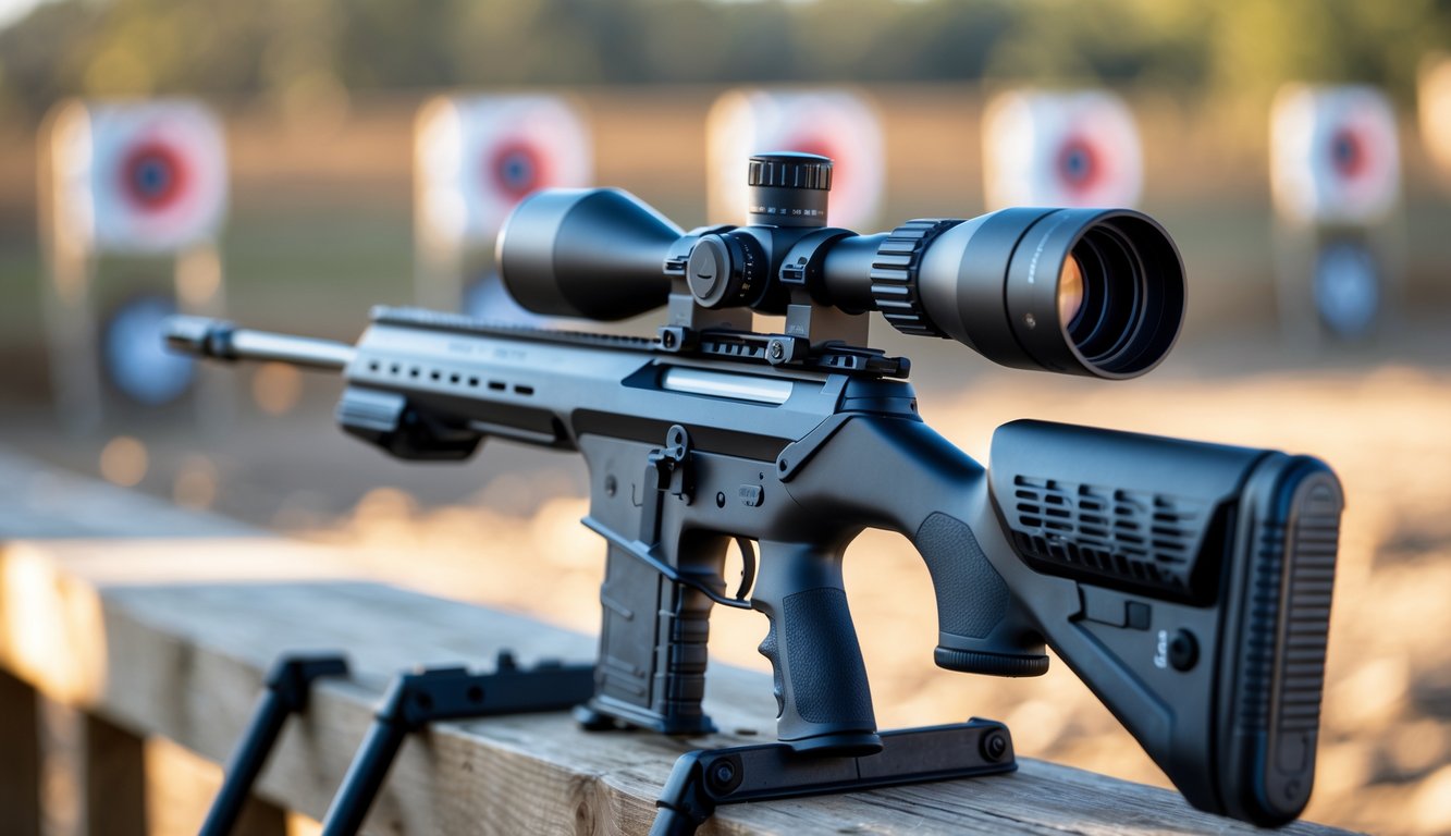 Senapan sniper modern ditempatkan di lapangan tembak taktis dengan latar belakang target tembak yang kabur.