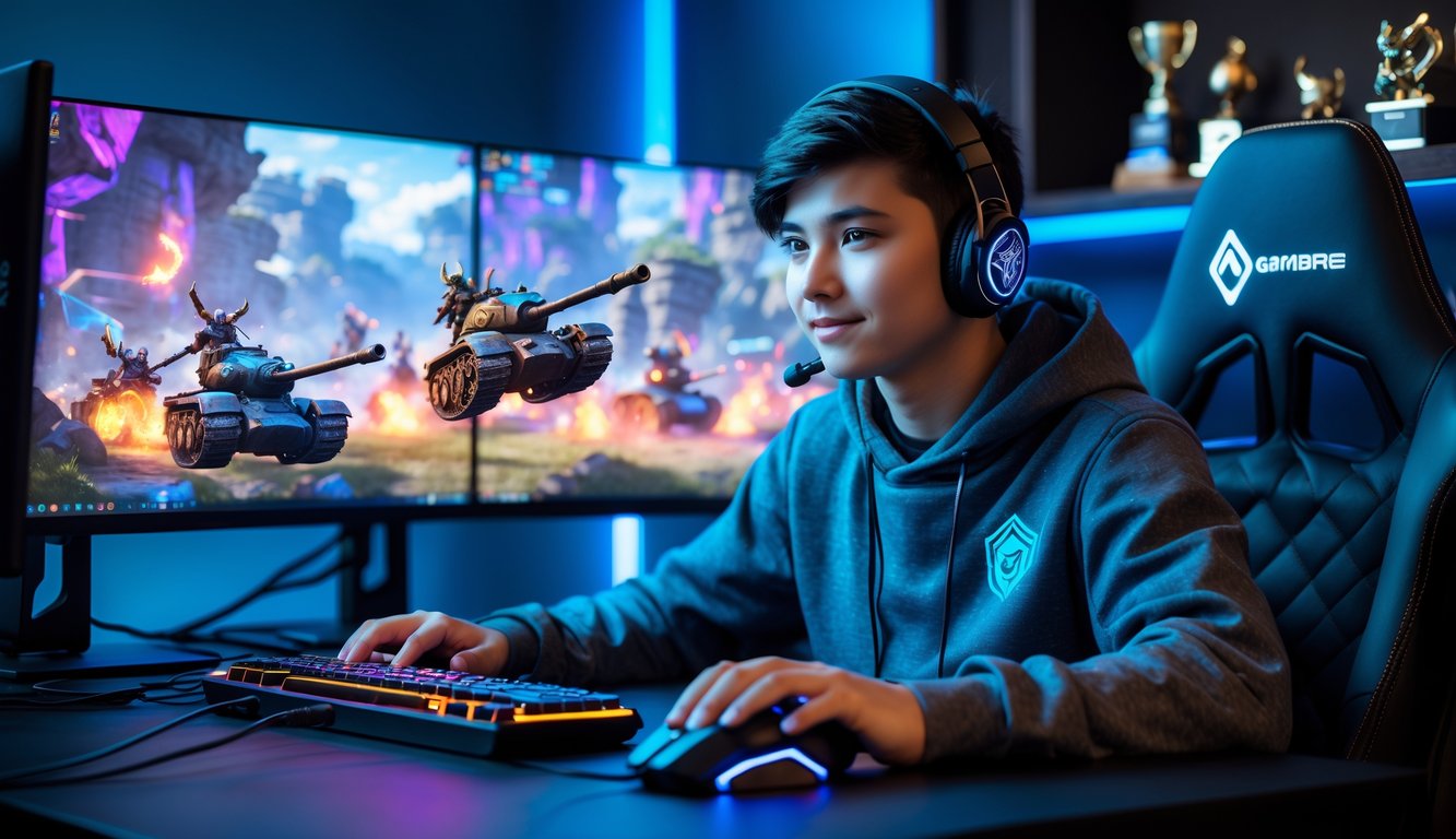 Seorang pemain muda fokus bermain game di depan komputer dengan layar menampilkan adegan pertempuran fantasi.