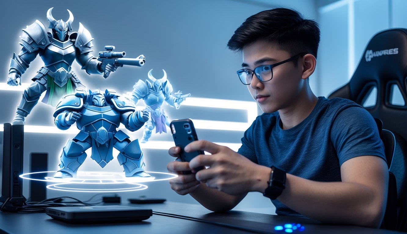 Seorang pemain muda sedang fokus bermain game di ponsel dengan latar belakang karakter pahlawan tank berzirah berat muncul secara digital di sekitarnya.