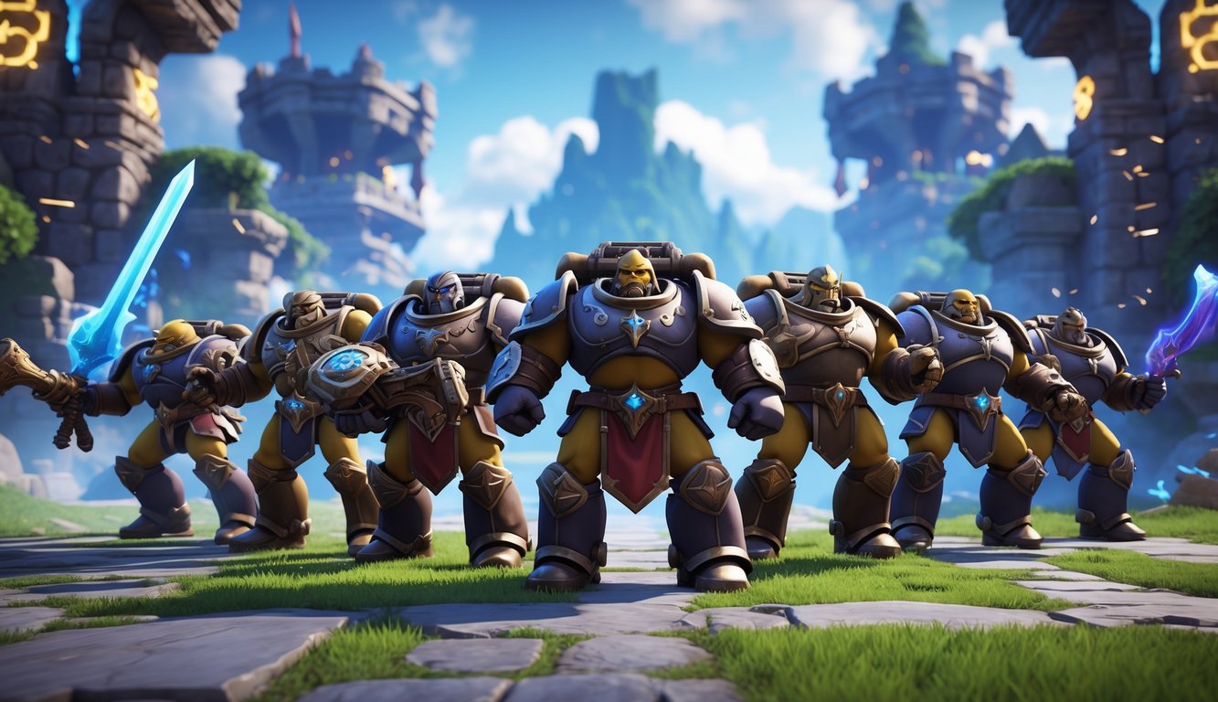 Sepuluh pahlawan tank berlapis baja berdiri dalam formasi di medan pertempuran yang penuh warna, siap bertahan di garis depan.