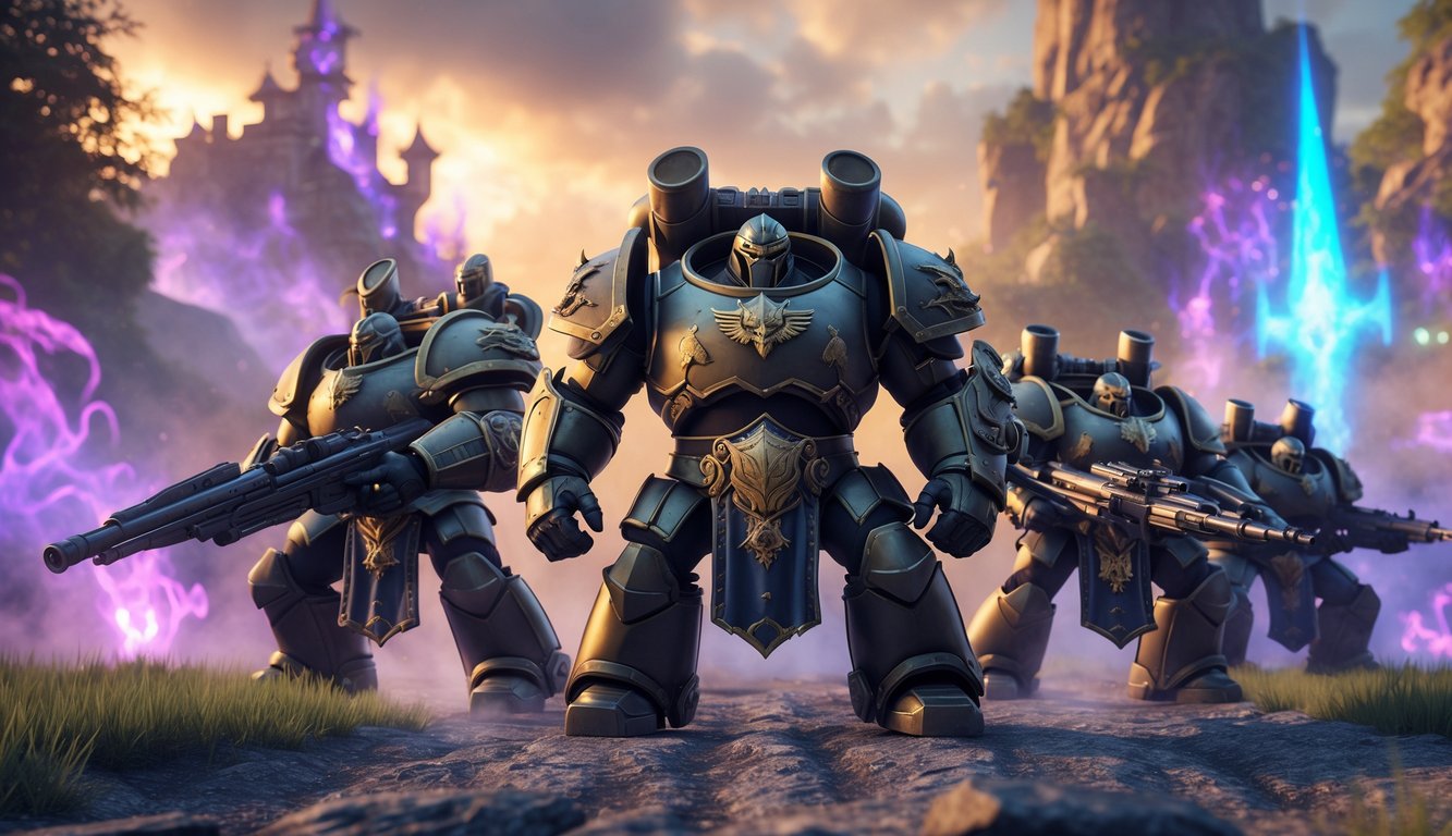 Sekelompok pahlawan tank berlapis baja berdiri di garis depan medan pertempuran yang fantastis dan penuh warna, siap melindungi tim mereka.