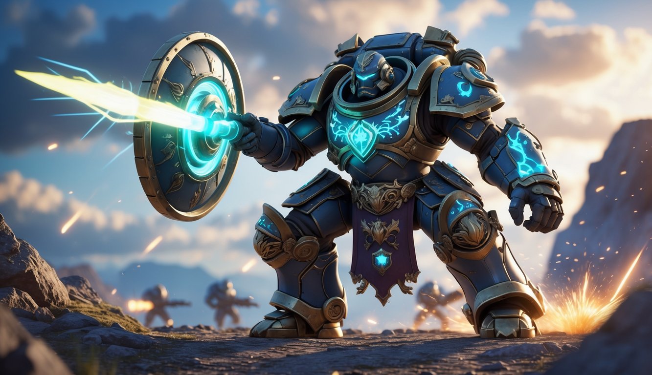 Seorang pahlawan tank berzirah lengkap berdiri di medan perang dengan perisai besar dan senjata bercahaya, siap menyerang dan bertahan.