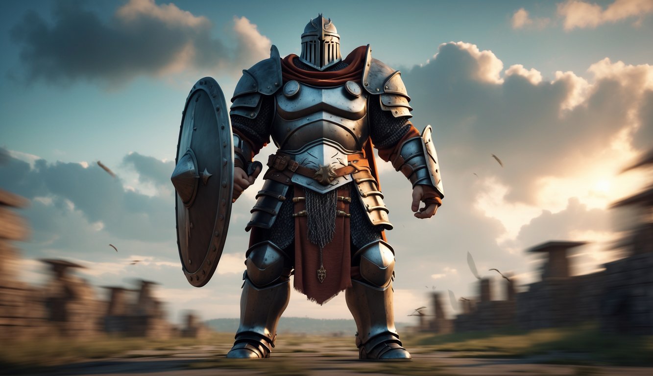 Seorang pahlawan bertubuh besar dan berzirah lengkap berdiri di medan perang, memegang perisai besar dengan latar langit dramatis.