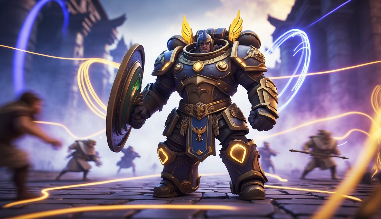 Seorang pahlawan tank berzirah berat berdiri di medan perang fantasi dengan efek magis yang menunjukkan kemampuannya mengendalikan musuh.