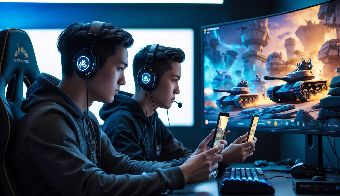 Dua pemain serius bermain game di ponsel mereka dalam ruangan gaming modern dengan pencahayaan LED, fokus pada strategi permainan bersama.