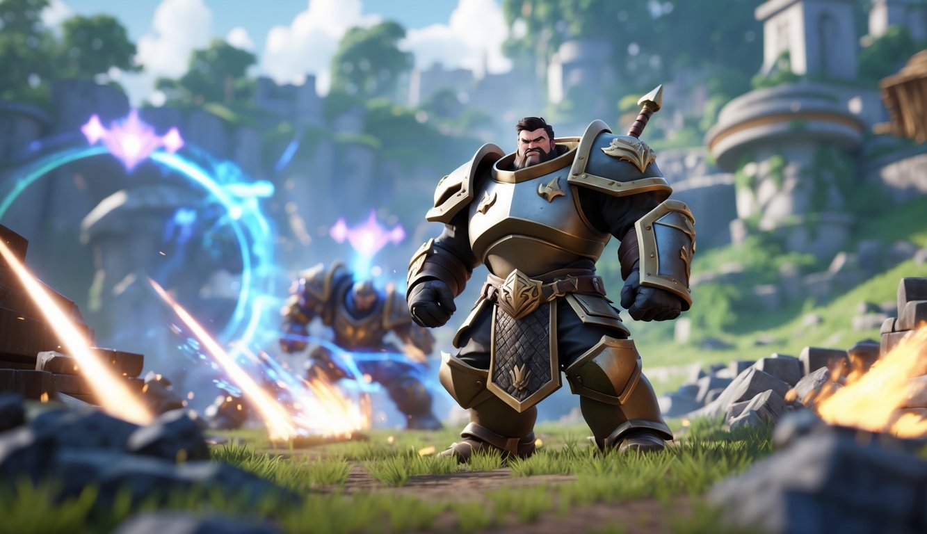 Dua pemain sedang bertarung dalam pertandingan ranked game Honor of Kings dengan satu karakter hero tank yang terlihat kuat dan melindungi timnya.