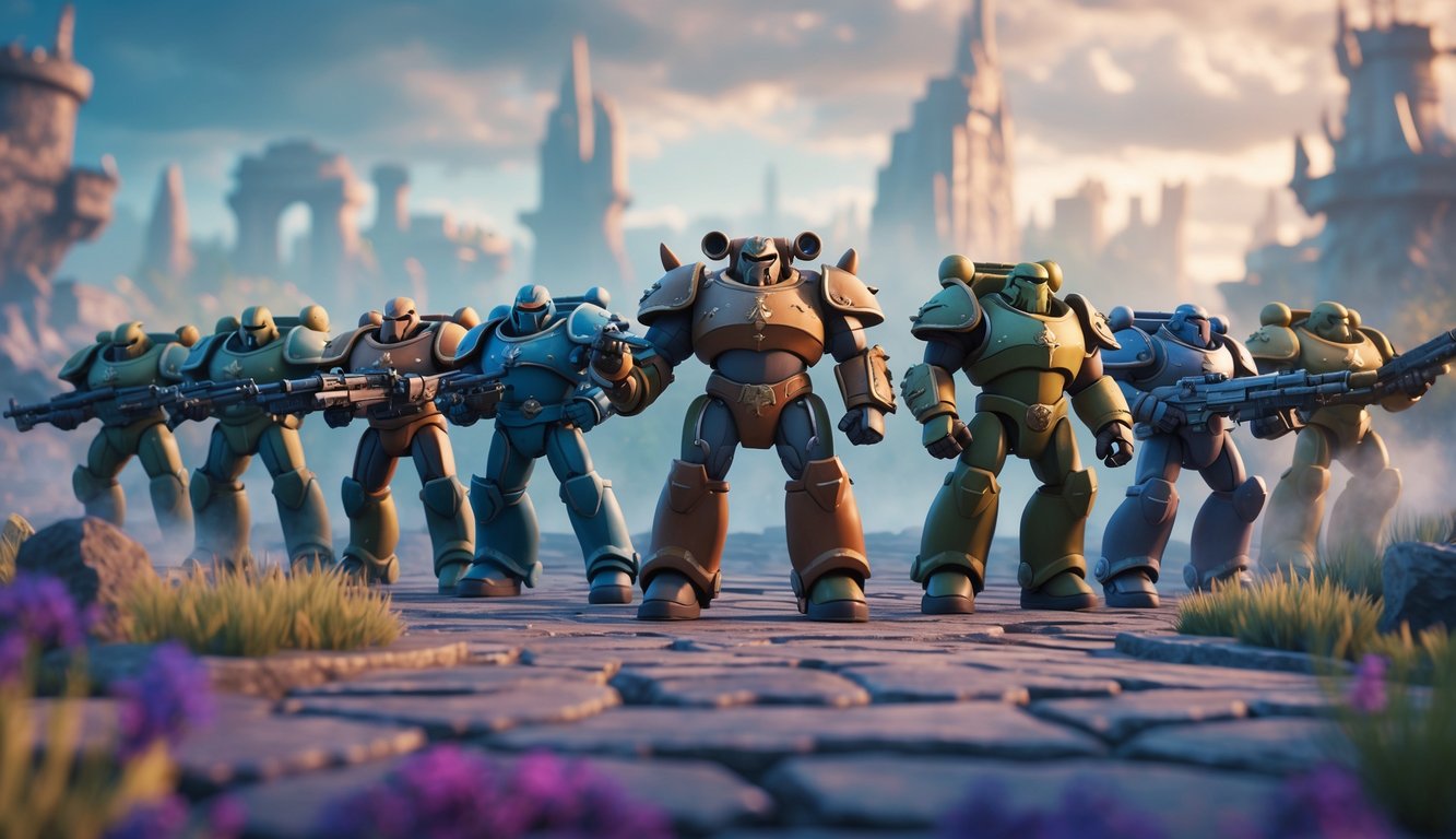 Barisan pahlawan tank dengan berbagai desain baju zirah dan senjata berdiri di medan pertempuran fantasi yang dramatis.