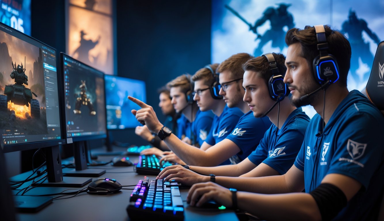 Sekelompok pemain game sedang fokus bermain di studio game modern dengan peralatan gaming lengkap, menunjukkan kerja sama dan strategi.