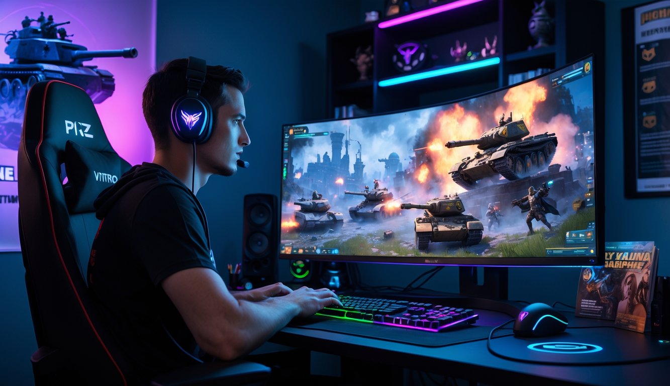 Seorang gamer pria duduk di depan komputer dengan layar besar menampilkan adegan pertempuran fantasi, dikelilingi oleh perlengkapan dan koleksi bertema permainan.