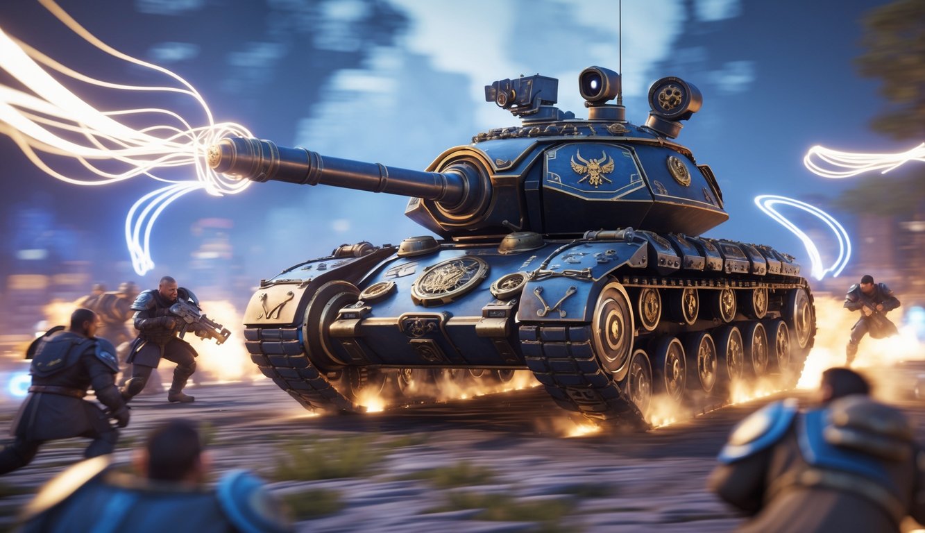 Seorang prajurit tank berzirah berat sedang menggunakan kemampuan mengendalikan musuh di medan perang yang penuh aksi.