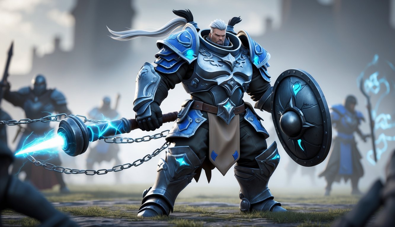 Seorang pahlawan tank berarmor berat berdiri di medan perang dengan perisai besar dan senjata, dikelilingi efek magis yang menggambarkan kemampuan mengendalikan musuh.