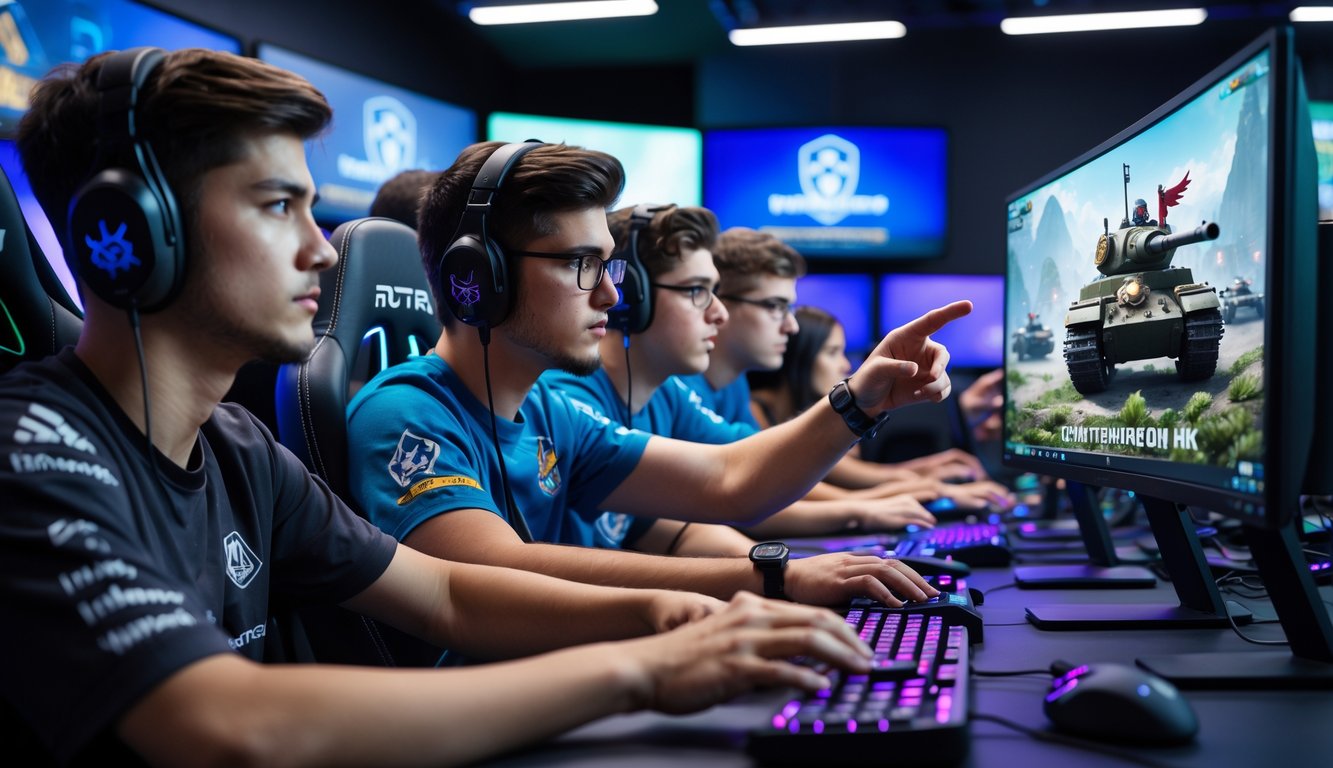 Seorang pemimpin tim esports yang fokus memimpin diskusi strategi bersama anggota tim dalam ruangan gaming dengan monitor dan pencahayaan warna-warni.