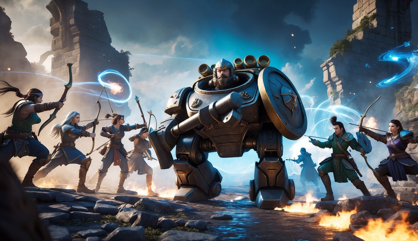 Pahlawan tank berlapis baja memimpin tim pejuang dalam pertempuran di medan perang fantasi yang dramatis.